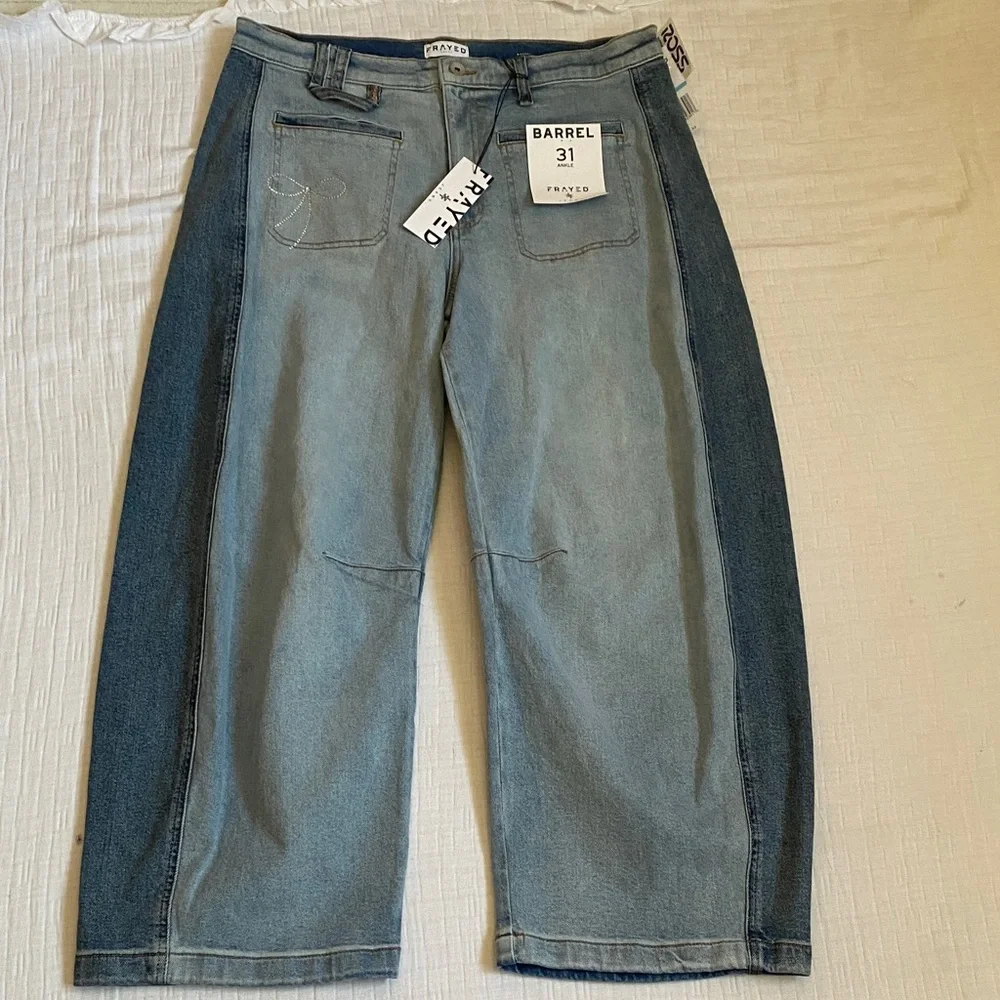 FRAYED Two-Tone Light Blue and Dark Blue Relaxed Barrel  Jeans 99% Cotton